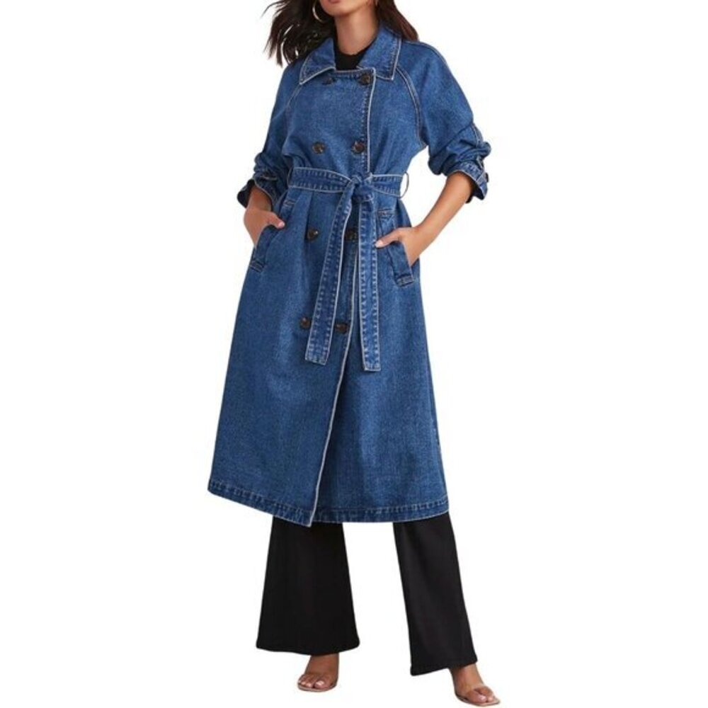 Double Breasted Long Denim Trench Coat